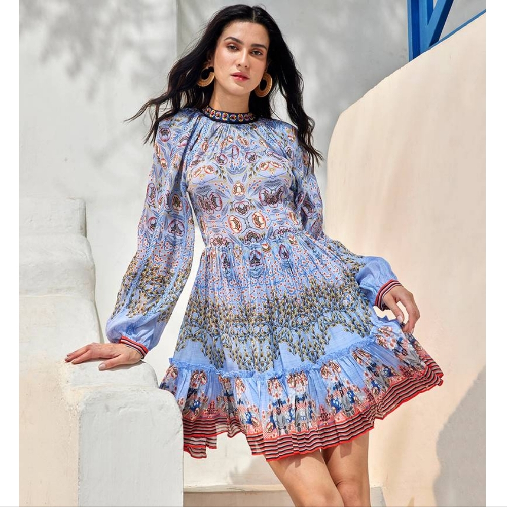 ANTHROPOLOGIE BHANUNI Juliana Midi Dress Blue Floral Motif Beaded Neck Large